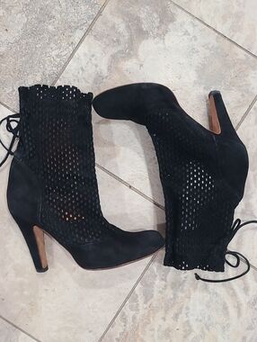 Hugo Boss Black Perforated Suede Lace-Back Ankle Boots